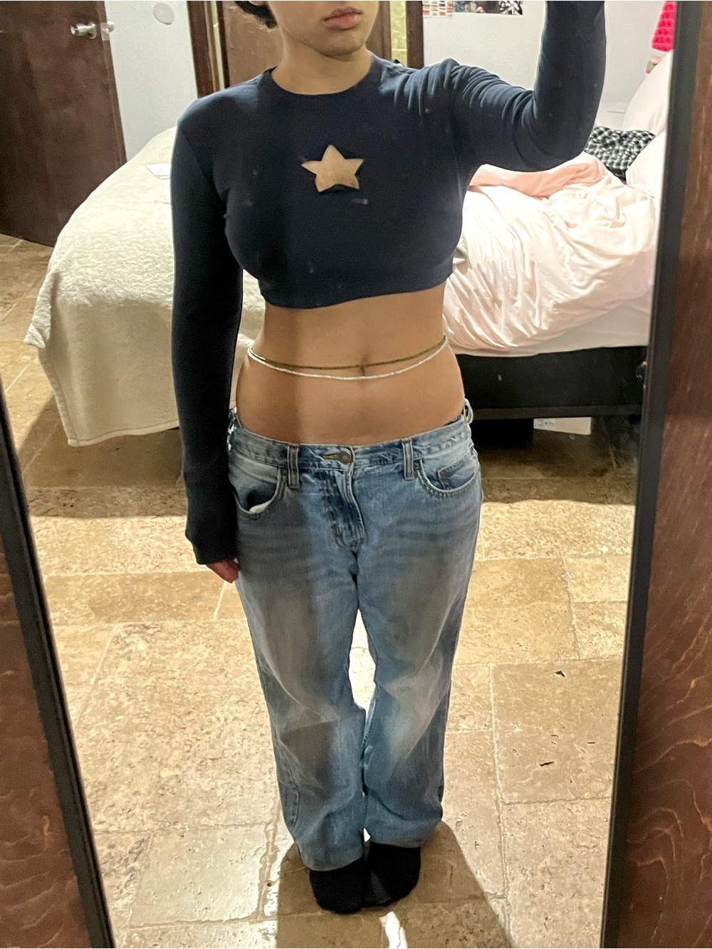 Edikted Navy Star Cutout Long Sleeve Crop Top Size S